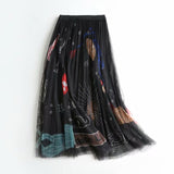 Women Mesh Tulle Skirts Elastic High Waist Graffiti Print Long Skirts Female A-line Pleated Skirts Saias Femme Maxi Skirts
